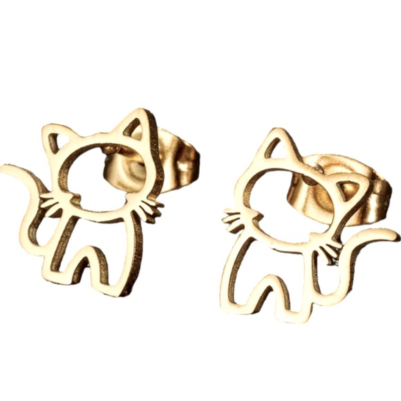 Gold Plated Solid Stainless Steel Cat Earrings - Picture 3 of 4